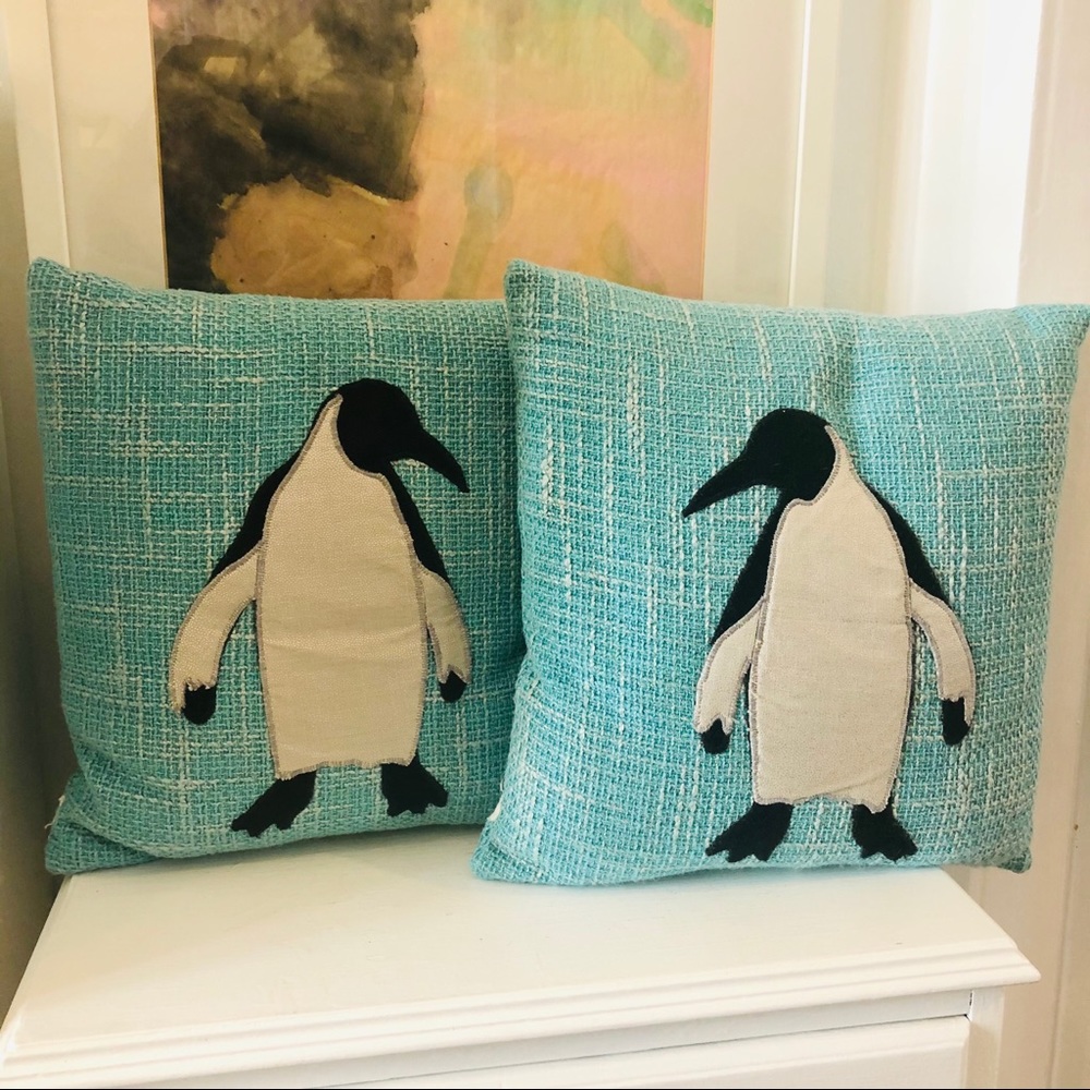 Pair of handmade penguin turquoise pillows